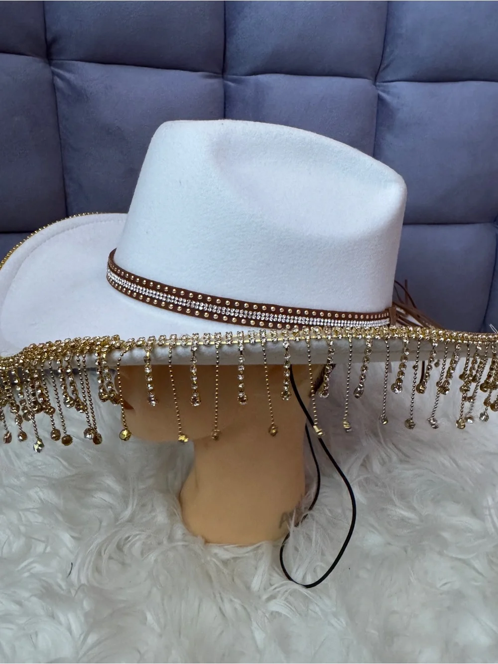 Stetson White Cowboy Hat with Gold Beaded Fringe